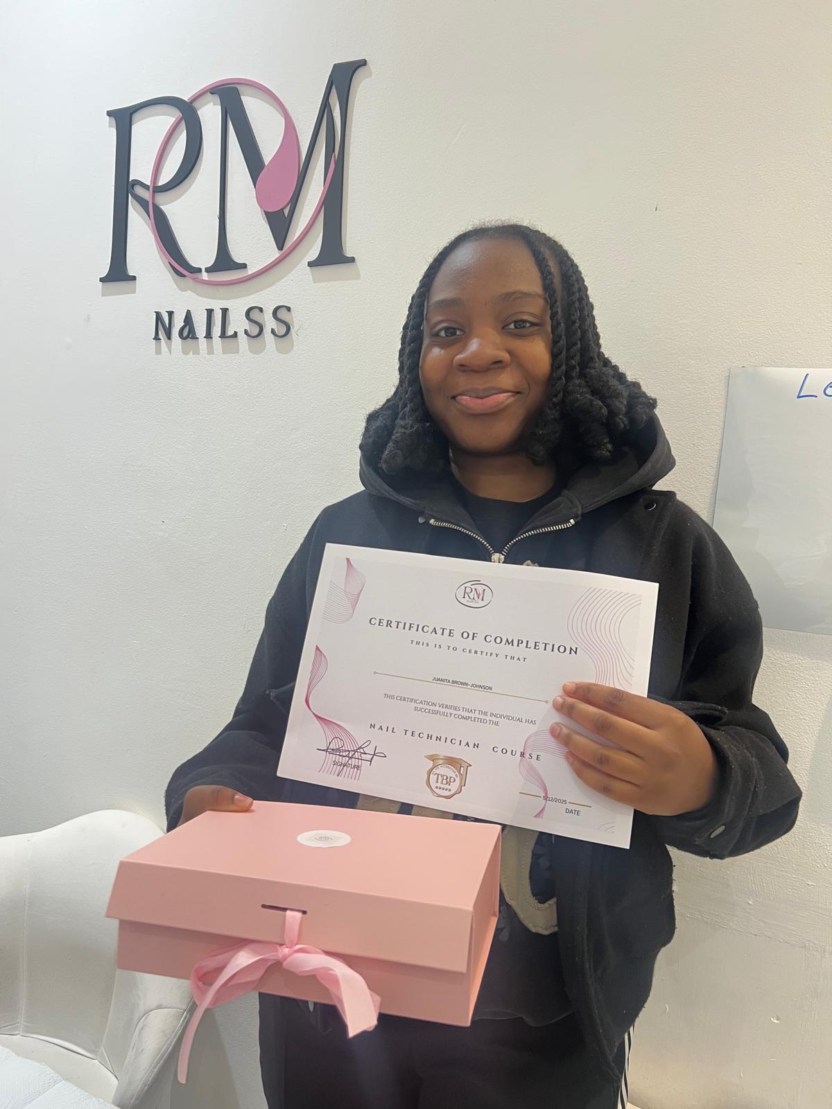 RMNailss Academy student with certificate